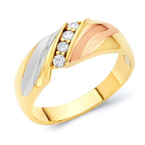 Wellingsale Mens 14K 3 Tri Color White Yellow and Rose/Pink Gold Polished Diamond Cut CZ Cubic Zirconia Wedding Ring Band 
